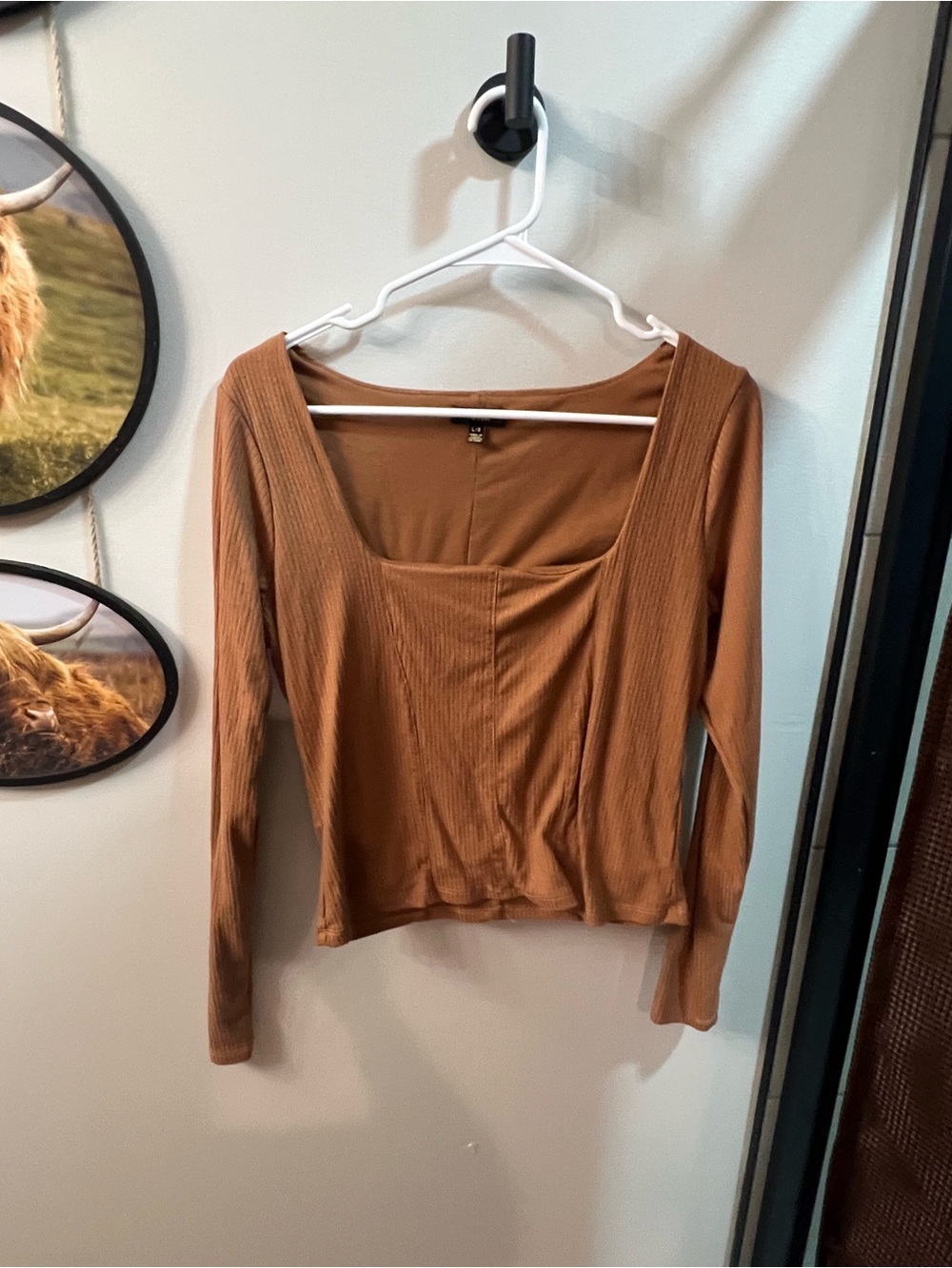 AFRM Ribbed Long-Sleeve Square Neck Top - Chestnut Brown